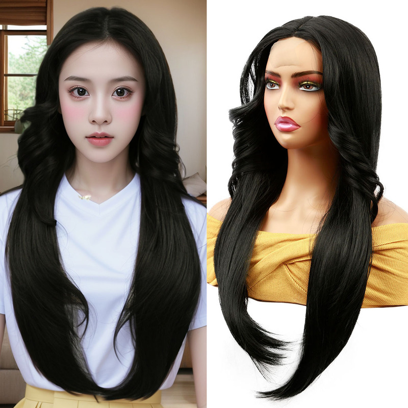 Cross-border new wig women's front lace black long straight hair curtain bangs long chemical fiber headgear manufacturers wholesale