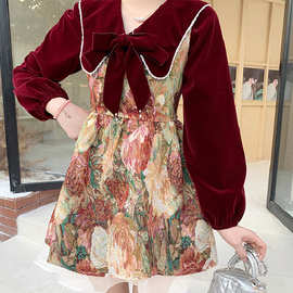 一件代发爆款秋冬季气质复古显瘦连衣裙女大码胖mm红色裙跨境热销