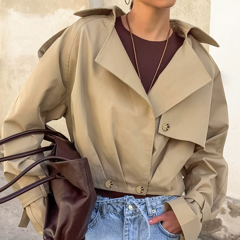 European and American Cross-Border 2026 Autumn and Winter Stylish Short Blazer Collar Khaki Trench Coat Women's Fashion Casual Jacket European and American Cross-Border 2026 Autumn and Winter Stylish Short Blazer Collar Khaki Trench Coat Women's Fashion Casual Jacket