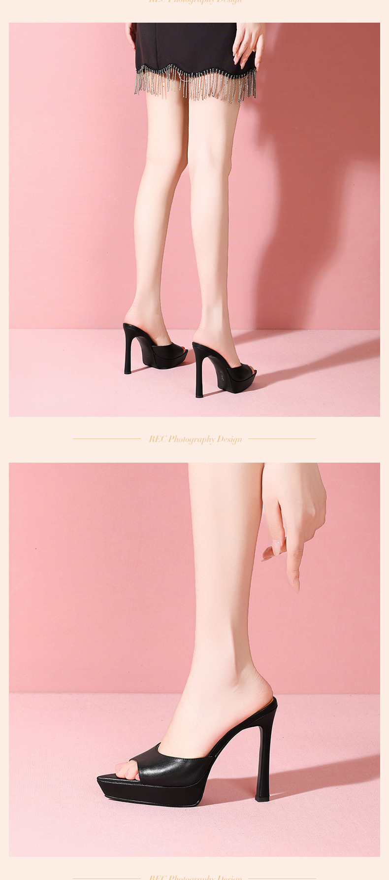 Sandal cao gót nữ mũi nhọn hở ngón, đế xuồng platform, da thật, gót 10 cm — Trần truồng 10㎝ chi tiết 6