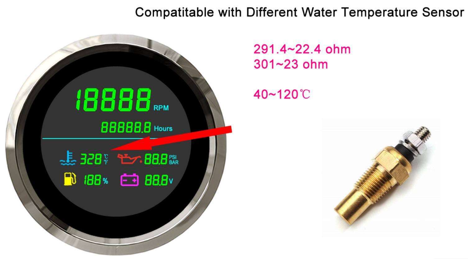 New 85mm multifunctional LCD tachometer with hour meter water temperature oil pressure oil level voltmeter