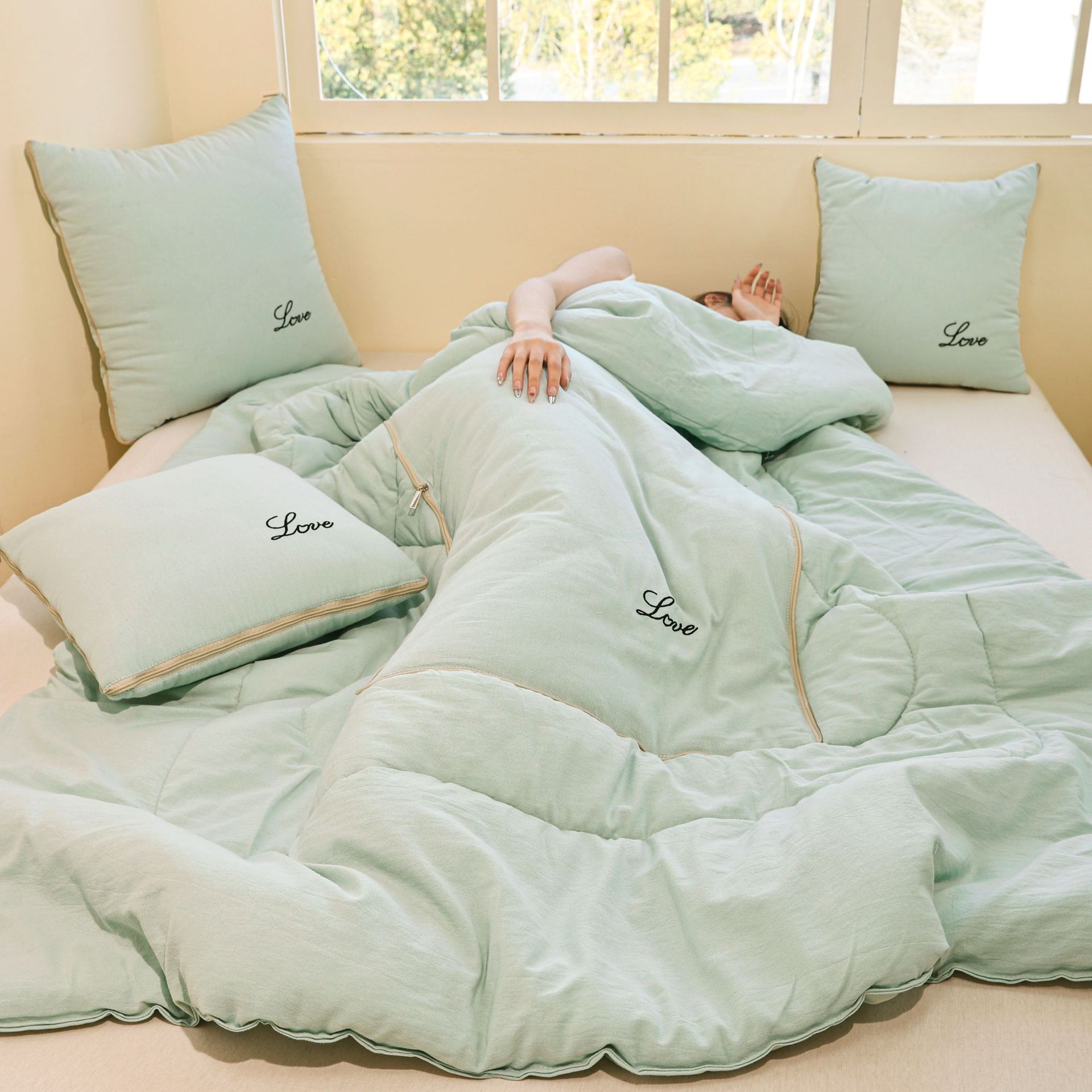 단색 면 및 린넨 느낌의 베개 이불 이중 목적 접이식 수납 등받이 쿠션 이불 이벤트 선물 맞춤형 베개 이불