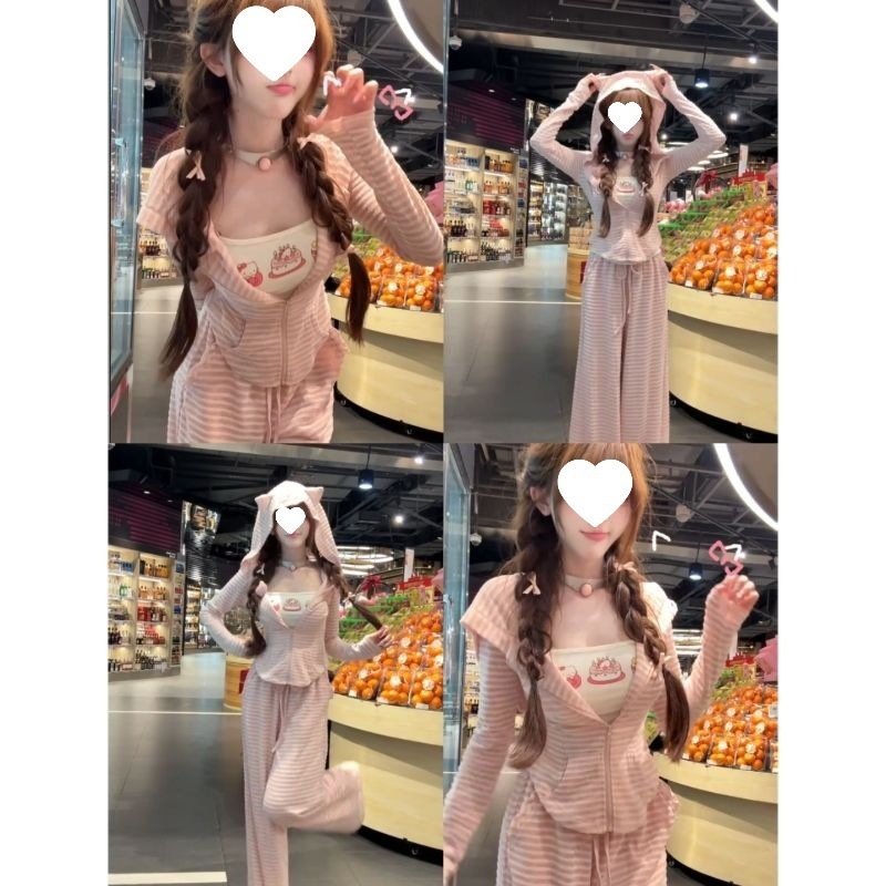 条纹兔耳朵连帽防晒开衫休闲吊带外套2025秋季背心三件套新款套装|undefined