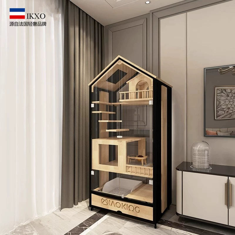 IK кошачья вилла из цельного дерева, клетка для кошек, бытовой шкаф для кошек, стеклянный домик для кошек без прочности