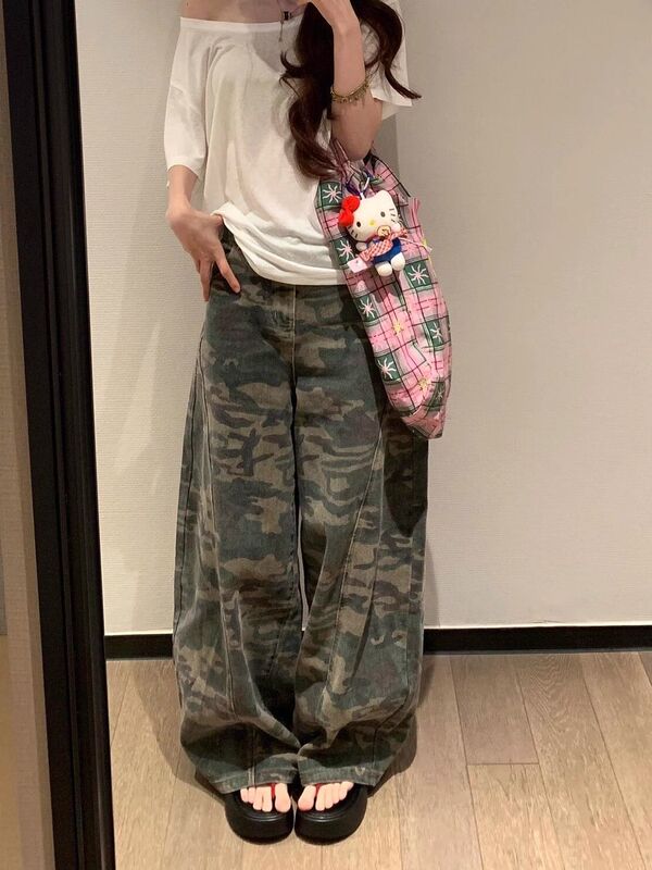 大码美式复古迷彩阔腿牛仔裤女街头辣妹宽松垂感廓形拖地弯刀长裤|undefined