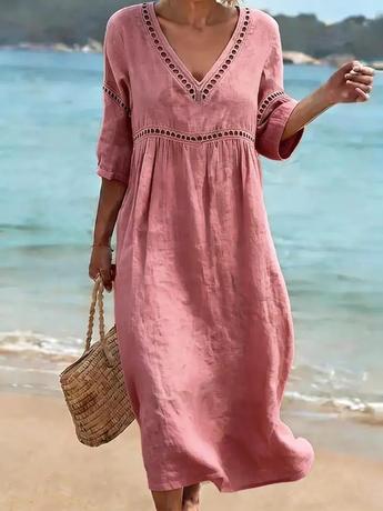 Amazon 2026 European and American Cross-Border Spring and Summer New Elegant Casual V-Neck Solid Color Mid-Sleeve Women's Dress