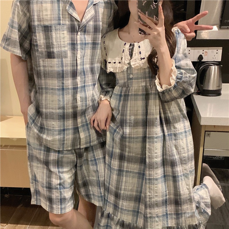 Korean Style Summer New Sweet Contrast Large Lapel Lace Cute Loose Couple's Plaid Home Clothes suit Pajamas