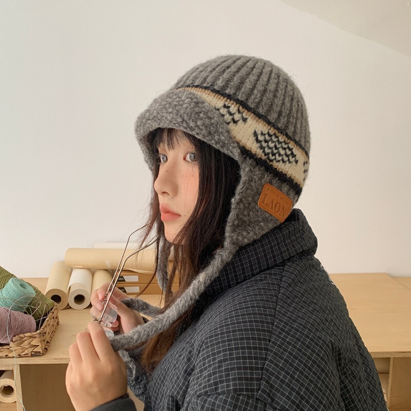 韩系复古提花针织雷锋帽女秋冬显脸小毛线帽显脸小保暖防寒护耳帽|undefined
