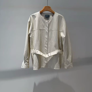 现货2026秋季新品宽松休闲简约风附腰带圆领夹克皮衣外套 L311029