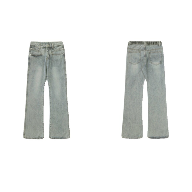 Mokuang Youth ヘイズブルー スリム ウォッシュド ブーツカット パンツ ブルー パンツ 多用途 ティーンエイジャー ニッチ デザイン ジーンズ|undefined