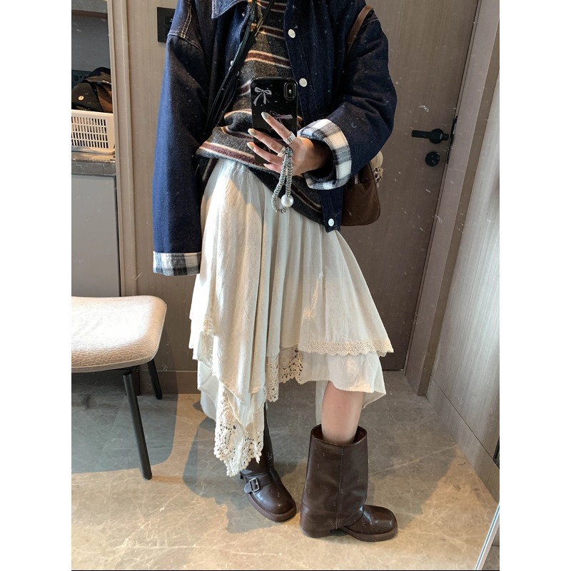 Moqie Niche Design Hollow Crochet Lace Patchwork Asymmetrical High-Waisted A-Line Skirt Mq0946