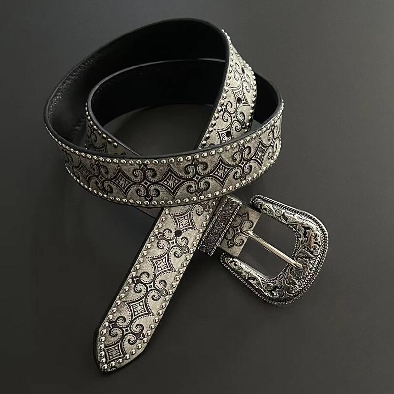 New Style Distressed Belt for Women, Y2K Spicy Girl Niche Design, Totem Rivet Embossed Simple Unisex Belt