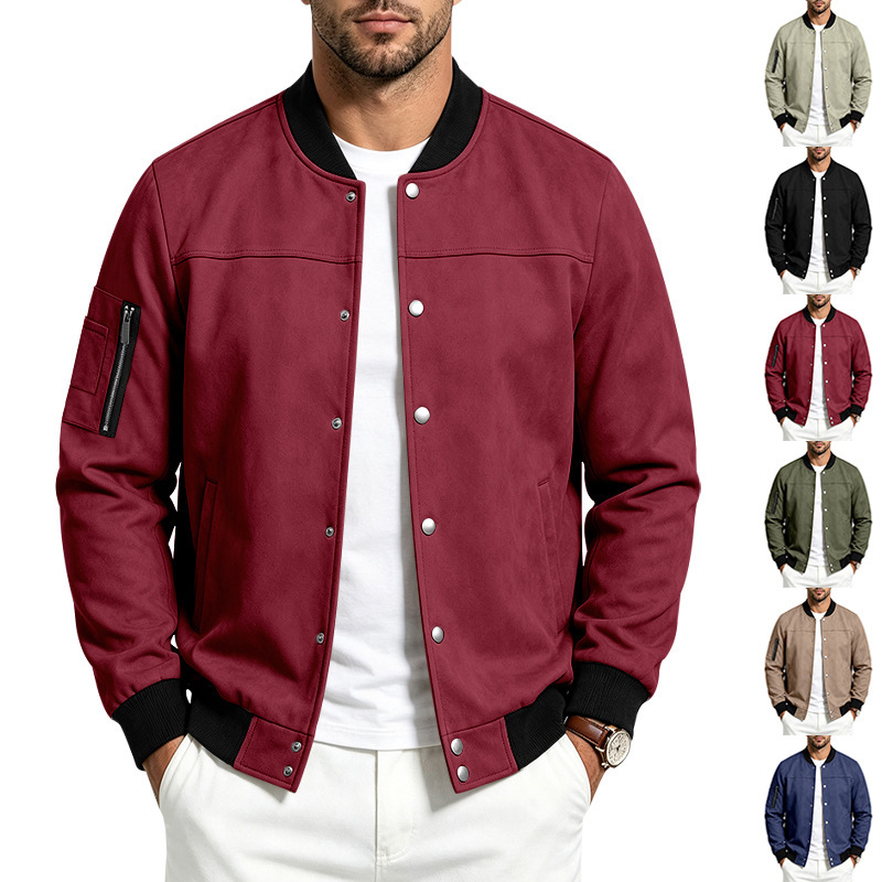 Cross-border foreign trade American-style loose casual stand-up collar suede solid color patchwork button jacket long-sleeve cardigan Cross-border foreign trade American-style loose casual stand-up collar suede solid color patchwork button jacket long-sleeve cardigan