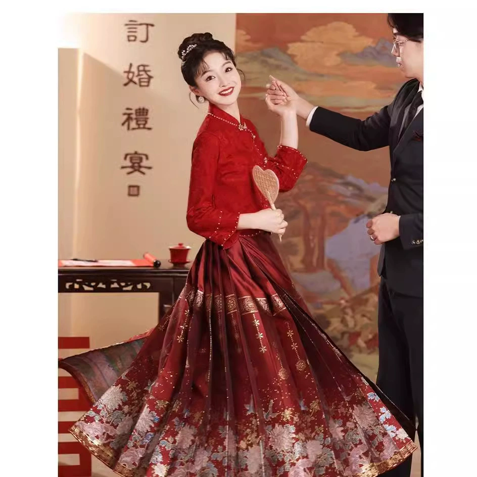 Лошадь юбка свадебная одежда тост костюм невесты 2023 новый осенний и зимний китайский чонсам помолвка свадебное платье красный костюм