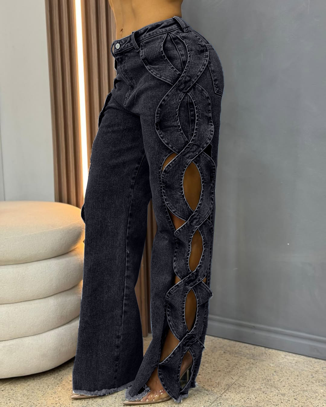 Women's Side Cutout S-Line Denim Pants – Edgy Patchwork Jeans With Distressed Details (Blue/Black-Gray, S-2XL)​_mkmklike.com