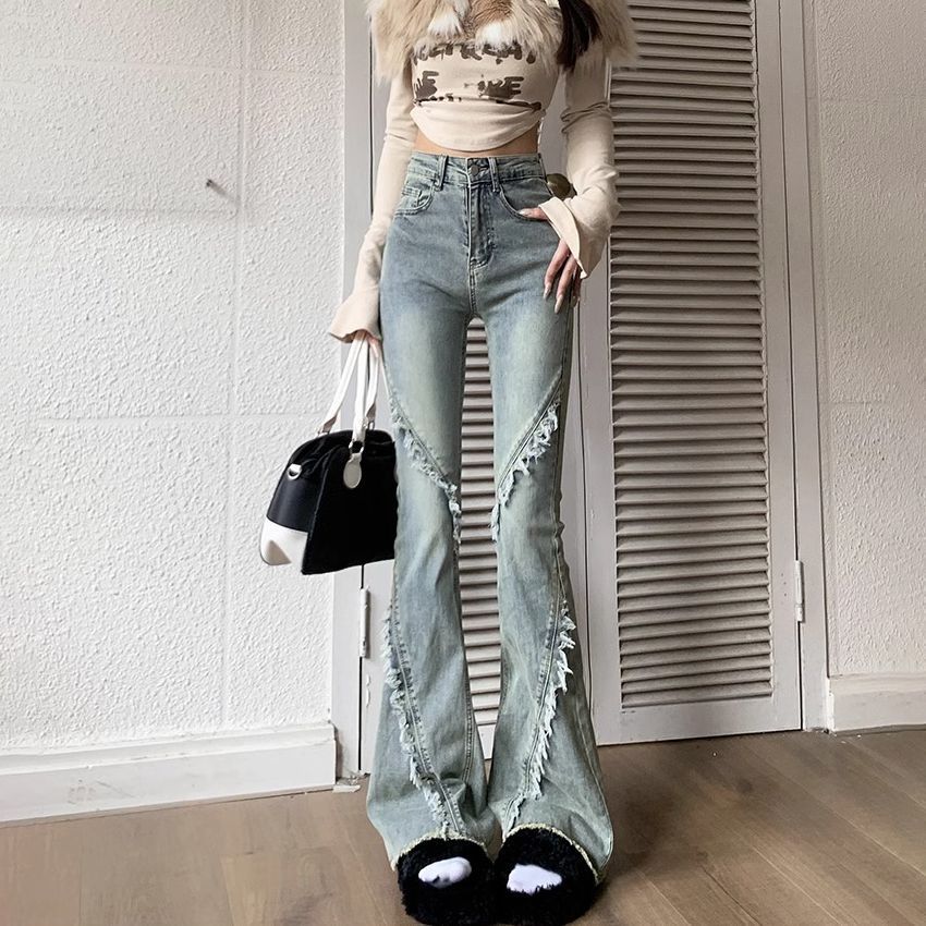 2025 High-Waisted Bootcut Jeans for Women Spring & Fall New Style Spliced ​​Raw Edge Design Elastic Slim Slimming Look Flared Pants