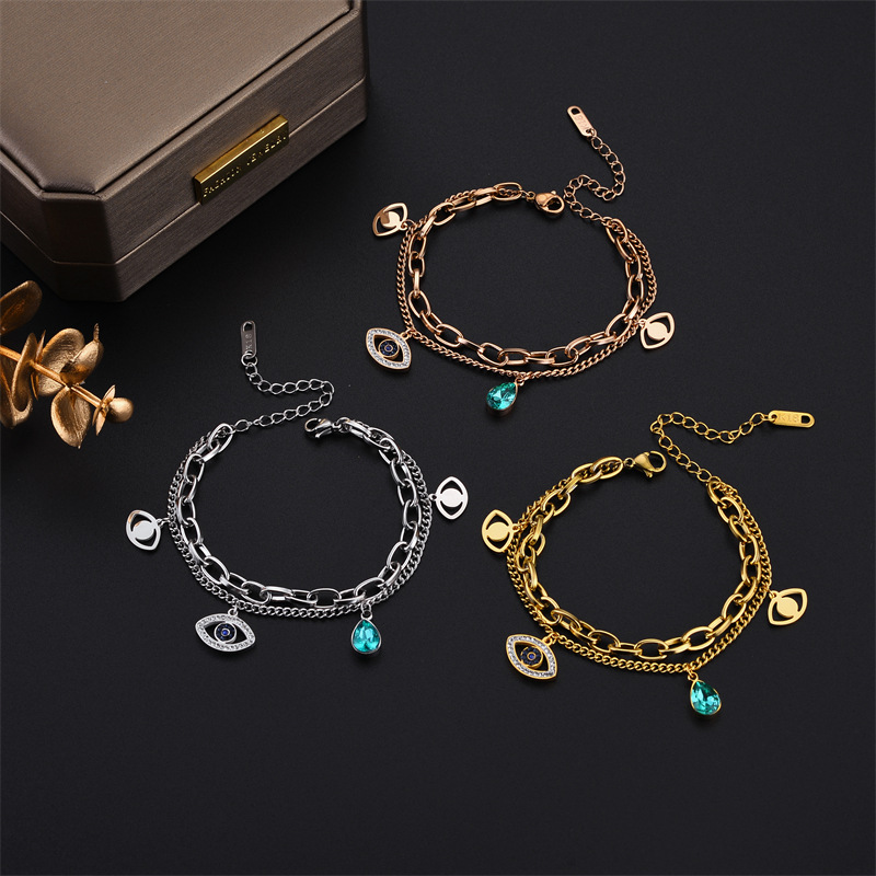 Fashion Water Droplets Eye Titanium Steel Gold Plated Hollow Out Inlay Zircon Bracelets Necklace 1 P