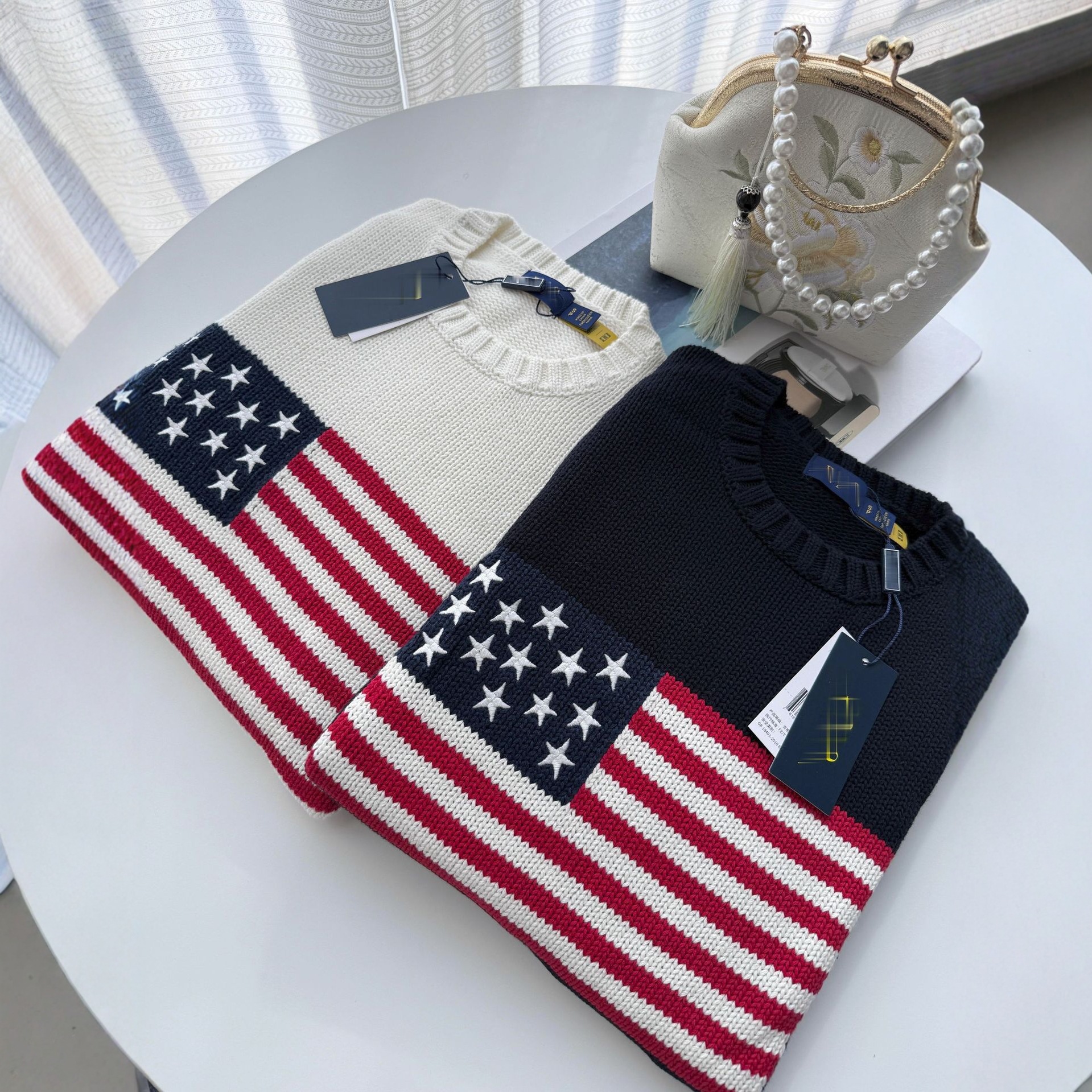 Rl/2025 Autumn and Winter Cotton American Flag Round Neck Knitwear Loose Pullover Knitwear for Men and Women