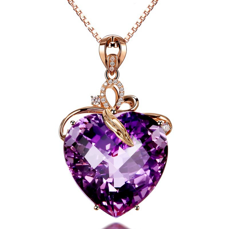 Crystal pendant heart shaped with amethyst, synthesized necklace, 750 sample gold, with gem