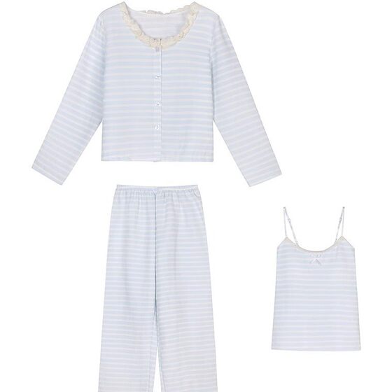Korean Style Simple Striped Pajamas for Women 2025 Thin Summer Lace Sling with Chest Pad Three-piece Set Pure Style