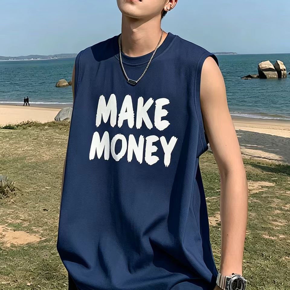 Men's English Print Sleeveless Vest Loose Sports Vest Summer Trendy Casual Foreign Trade Top