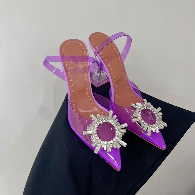 9cm Transparent PVC Pointed High Heels Rhinestone Sun Buckle Sandals Thick Heel plus size Women's Shoes 41-42