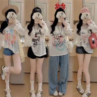 8201/8202/8203/8204 Summer Thin White Cartoon Print Sun Protection Blouse Loose and Versatile Top
