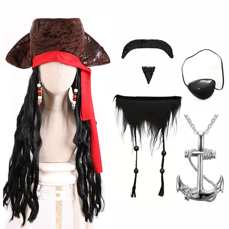 Stage Performance Pirates of the Caribbean Wig Halloween Imitation Leather Pirate Hat Tricorn Hat Captain Jack Sparrow Outfit