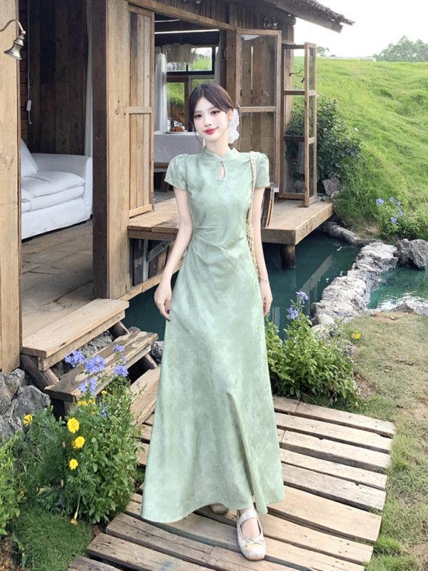 2025年大码女装夏季胖MM新中式提花改良旗袍连衣裙收腰显瘦气质长|undefined