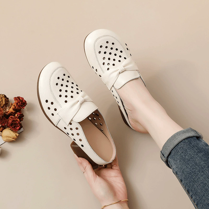 2024 летние новые круглые туфли на высоком каблуке тапочки женщины носят национальный ветер, полые дышащие сумки мамы холодные тапочки