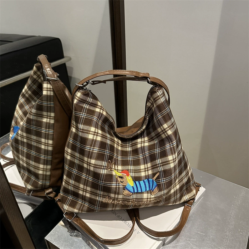 Capacious Convertible Shoulder Bag Backpack, Plaid Pattern with Embroidered Motif, Spacious