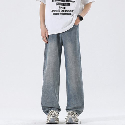 Men's Jeans 2025 Spring Thin Loose Straight Wide Leg Floor-Length Retro Korean Style Casual Pants