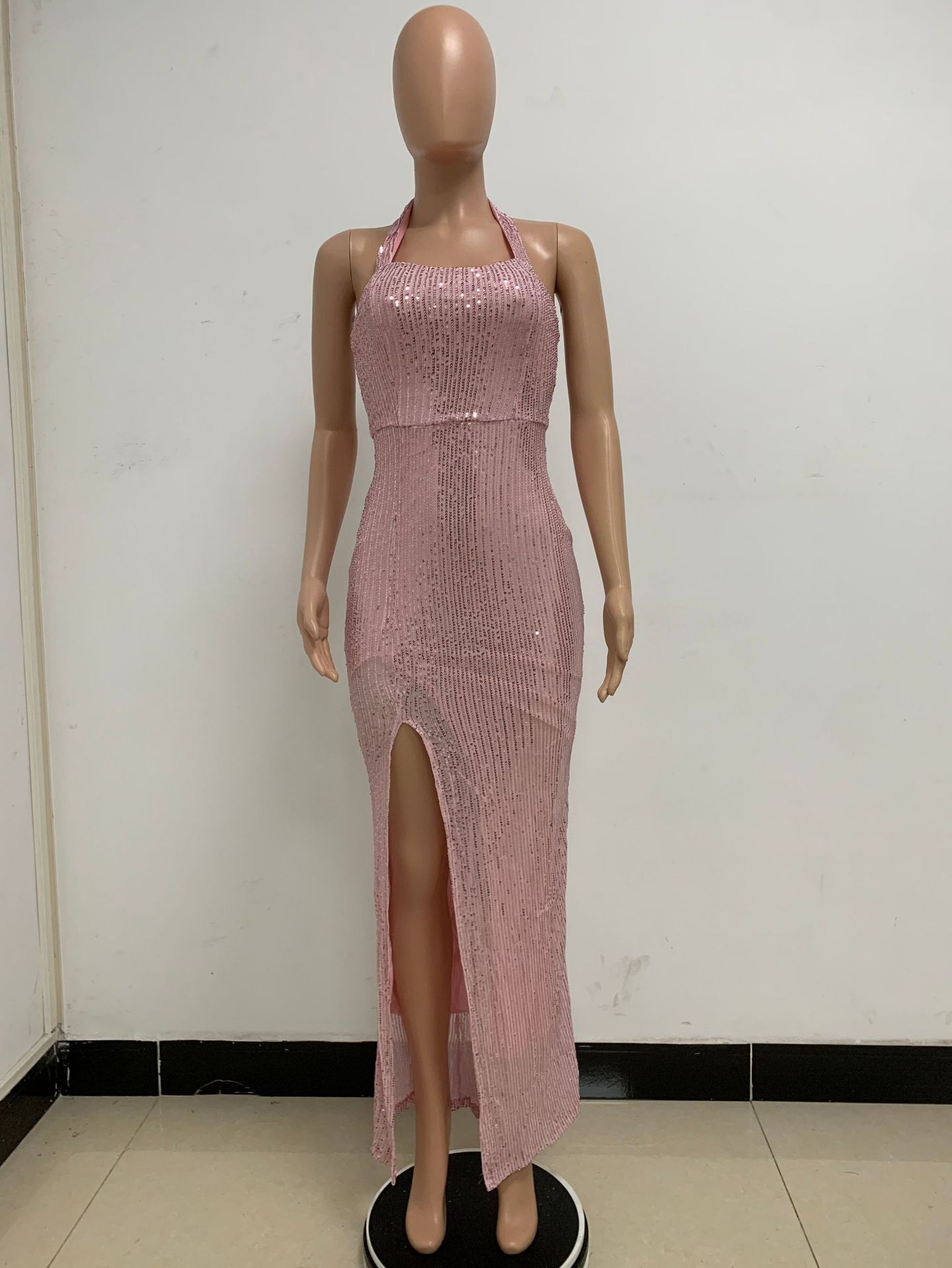 350g Weight Maxi Long Dress Dress Length Type Sleeveless Sleeve Length Party Dress Dresses Type Spandex, Polyester Fabric Type High Waist Waist Line Banquet, Party Occasion Halter Neck Neckline Slim Fit Type Solid Color Pattern Summer, Spring, Autumn Season Women's Gender Sequins Design Elegant, Sexy Style Wholesale Women's Elegant Sexy Sequins Solid Color Banquet Party Halter Neck Sleeveless Party Dress 63