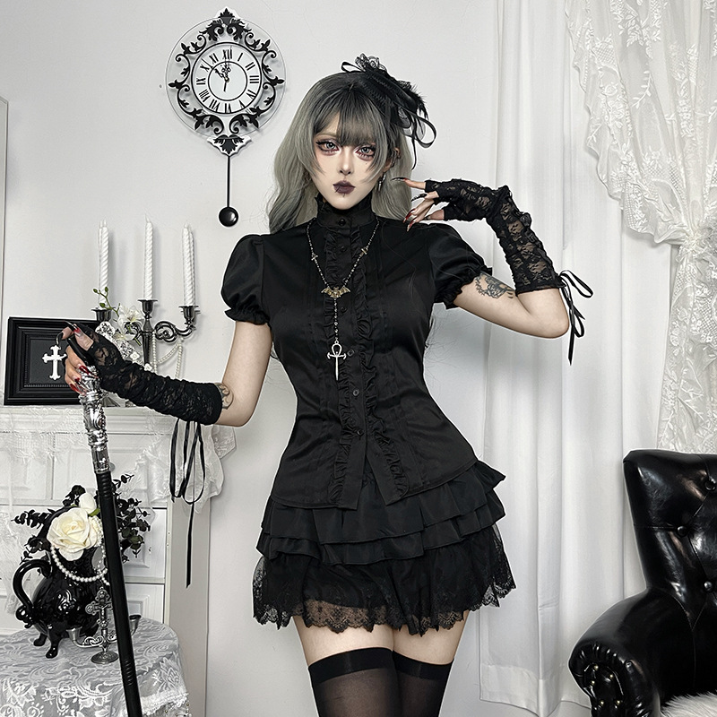 Dy26050 Dark Subculture Gothic Style 2026 Summer New Puff Sleeve Ruffled Short-Sleeve Shirt for Women Dy26050 Dark Subculture Gothic Style 2026 Summer New Puff Sleeve Ruffled Short-Sleeve Shirt for Women