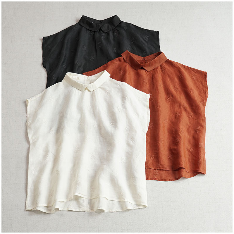 Exquisite All-match Ramie Embroidery Thin Lapel Shirt with Shoulder Shoulder Sleeveless Summer Cool Retro Loose Shirt Exquisite All-match Ramie Embroidery Thin Lapel Shirt with Shoulder Shoulder Sleeveless Summer Cool Retro Loose Shirt