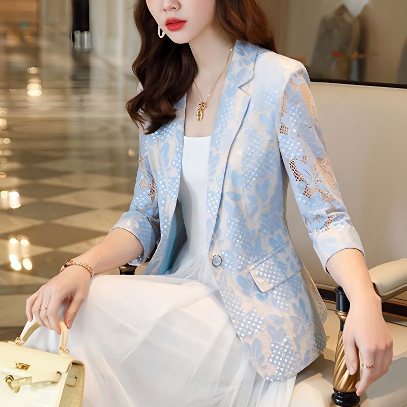 High-End Lace Hollow-Out Blazer, Spring and Summer Thin Style, Korean Fashion, Stylish, Casual, Slim-Fit, Sun-Protective Jacket