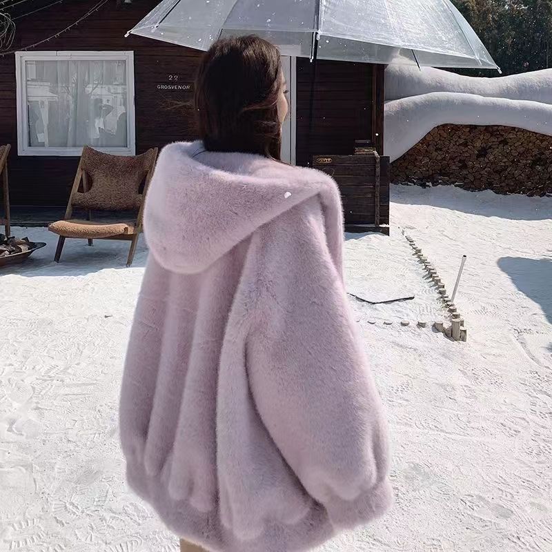 连帽秋冬新款立领保暖外套 欧貂环保一体宽松大衣皮毛一体上衣外