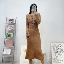 南油高端女装法式小香风双排花瓣扣重工长款修身长袖针织连衣裙女