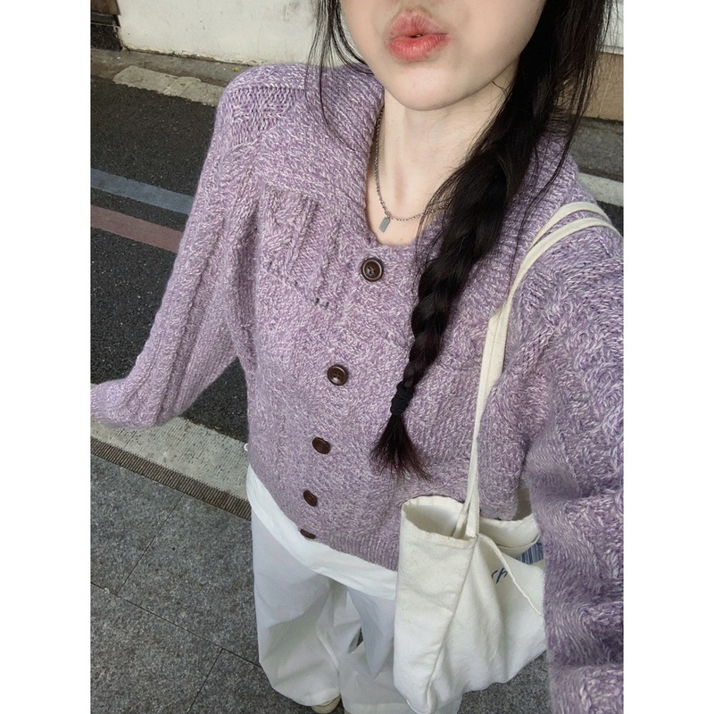 铭海秋季韩版polo领纽扣针织开衫宽松休闲软糯毛衣女新款外套上衣|undefined