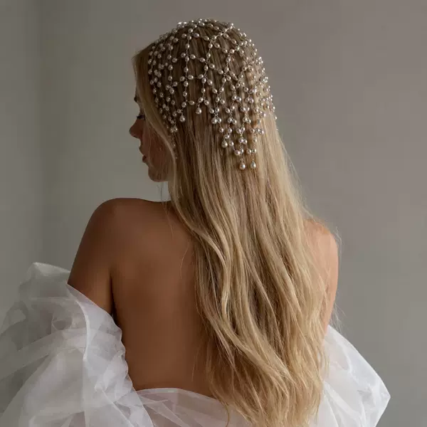 New Ins Style Mesh Hair Chain, Personalized High-End Pearl Tassel Hair Accessories, European and American Fashionable Hair Chain