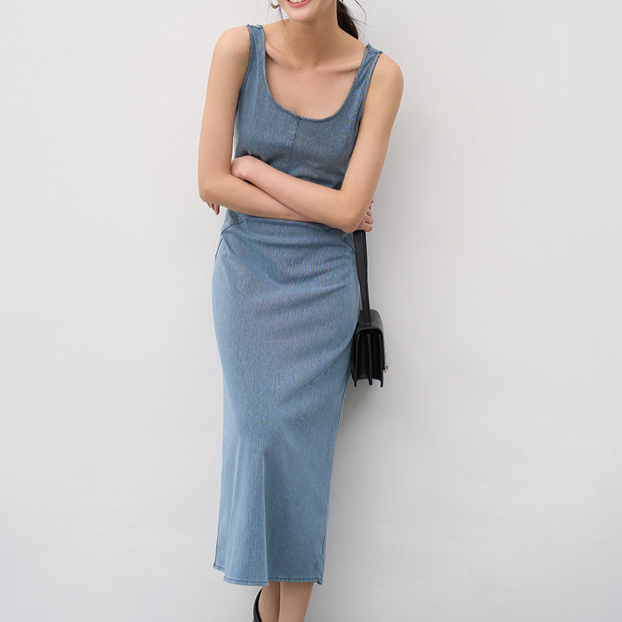 Elegant retro denim summer long skirt