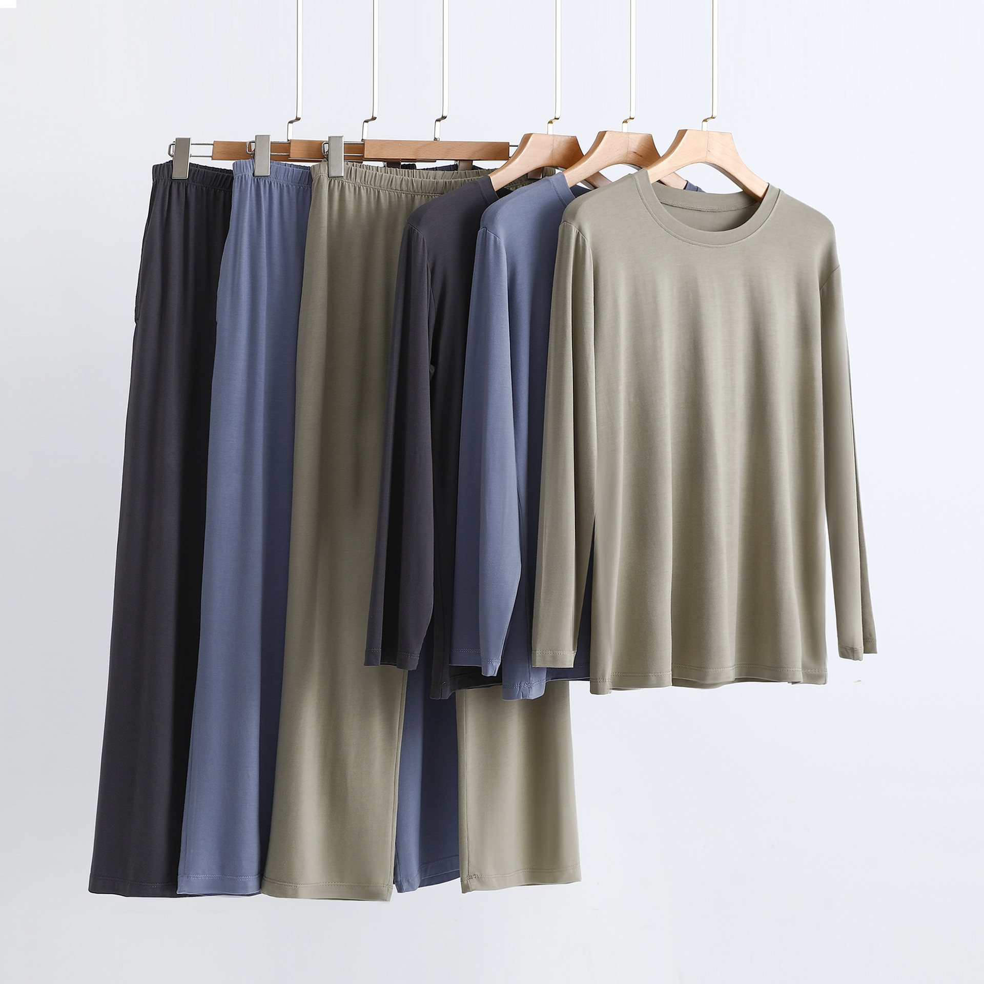 Men's Modal Pajamas Set Long Sleeve Trousers with Pockets Home Wear Plus Size Casual Loose Thin Two-Piece Set