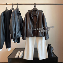 2025新款高端蛋白PU皮短款机车服 立领工装夹克小个子皮衣外套女