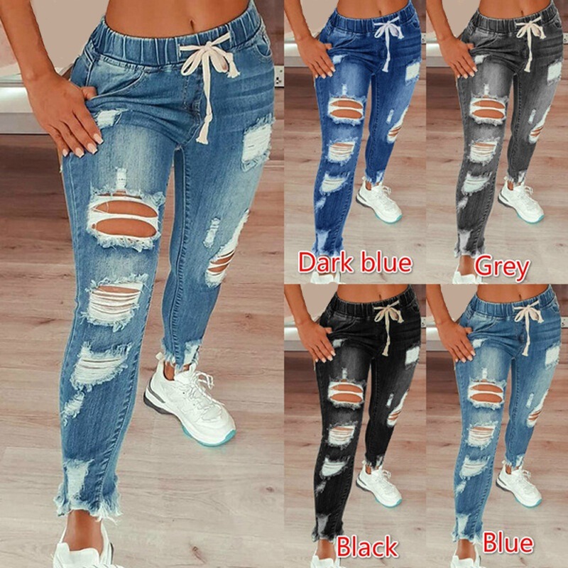 Amazon Aliexpress Cross-Border European and American Style Elastic Waist Women's Jeans High-Waisted Ripped Skinny Lace-Up Pants