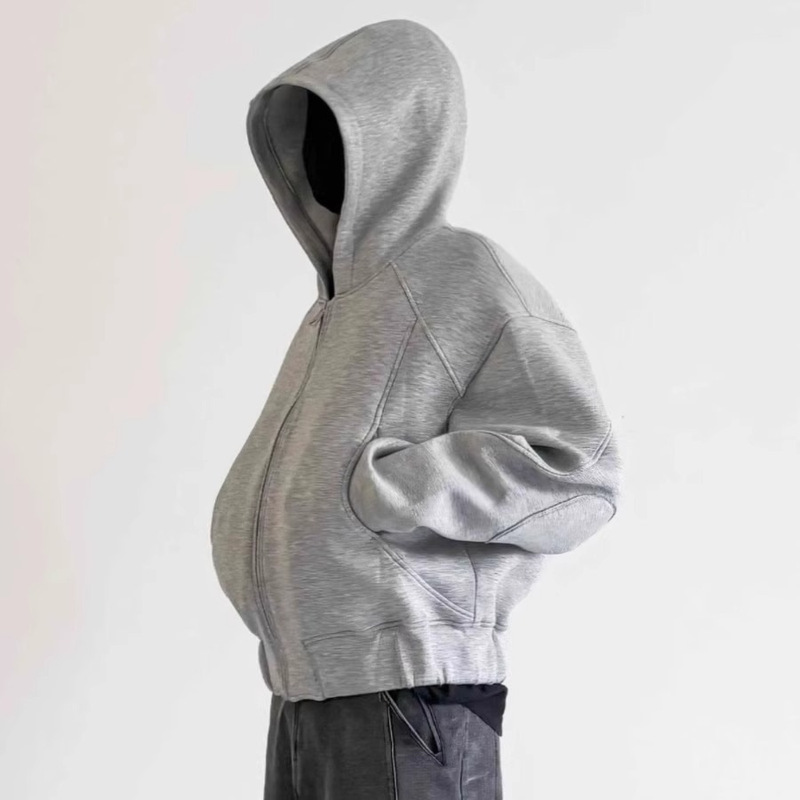 American Hooded Cardigan Short Sweatshirt Men's Trendy Brand Heavy Boxy Version Split Silhouette Top Zipper Jacket Men