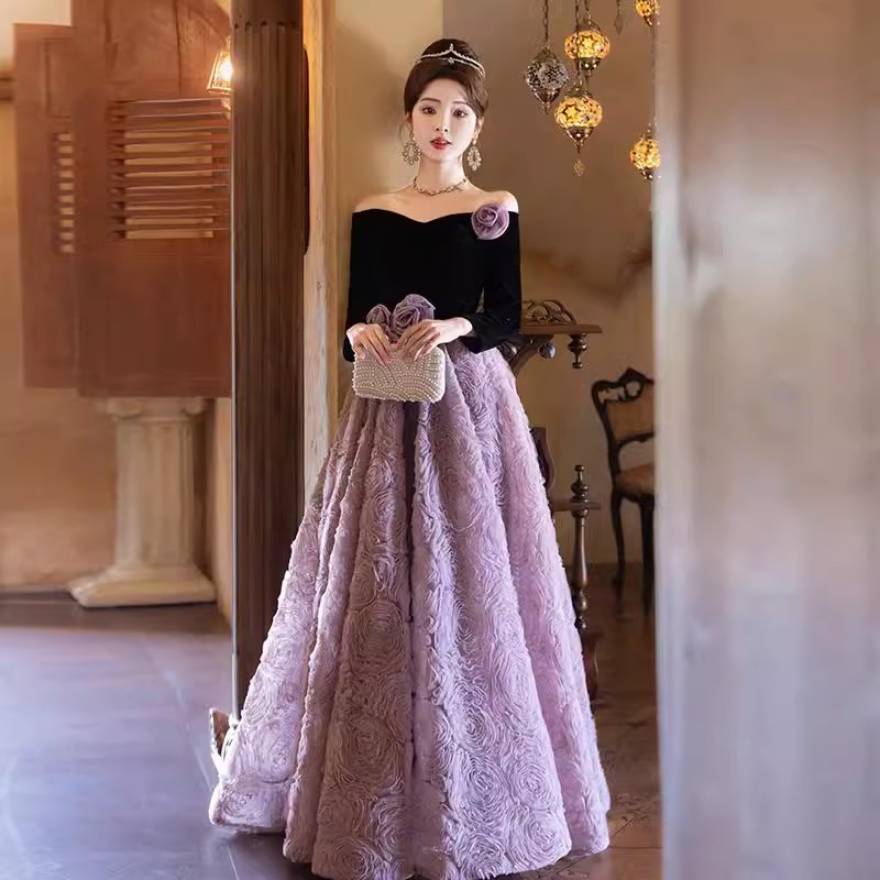 High-End Light Luxury Floral Evening Dress Host Banquet Performance Art Exam Long-Sleeve Dress Long Gown 2026 New Style Dress