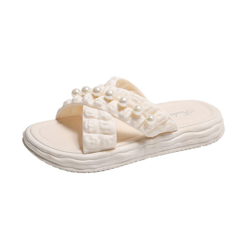 New Fashionable For Women, Summer Fashion Beach Shoes, Pearl Chain Sandals, Flat One-Strap Slippers Wholesale_vogvips.com