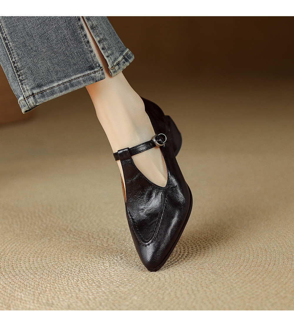 Giày Mary Jane nữ mũi nhọn quai T-khóa da cừu gót 4 cm — màu nâu chi tiết 8