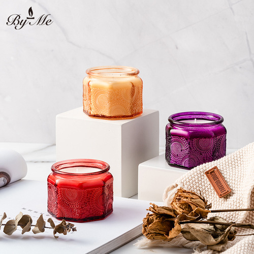 BYME Small Octagonal Carved Candle Soy Wax Aroma Candle Set for Home Bedroom Aroma Diffuser Smokeless Scented Candle