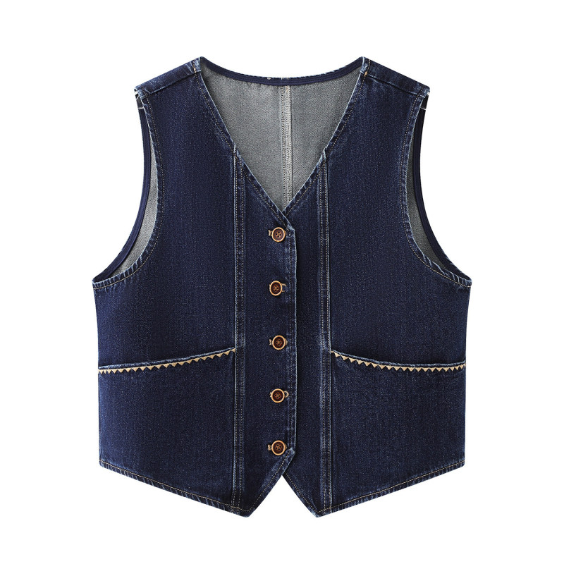 Vintage Shell Embroidery Denim Vest for Women 2026 Spring New Layered Short Jacket Top